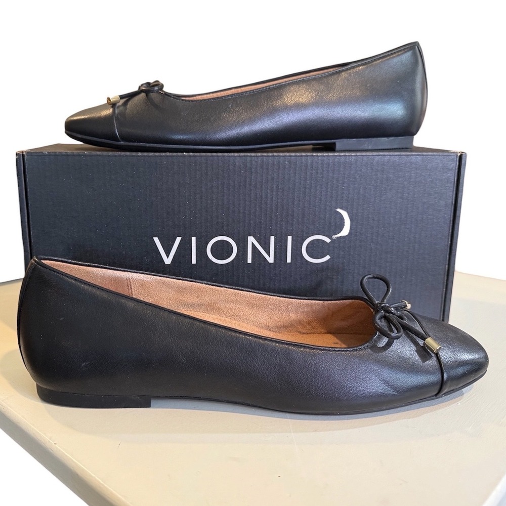 Vionic Klara Black Leather Ballet Flats 11 Bow Square Toe Shoes